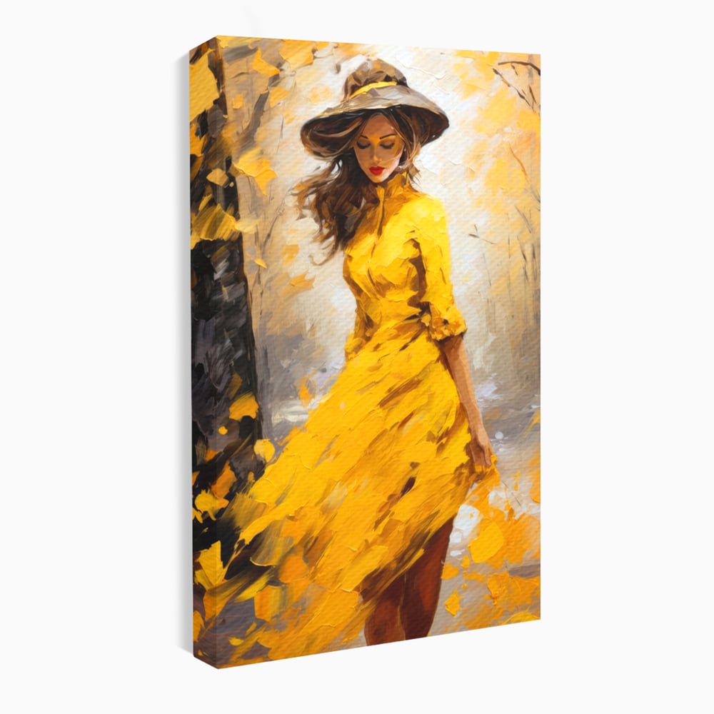 Tablou canvas cu tablou canvas cu femeie in galben, fara rama, pe sasiu de lemn